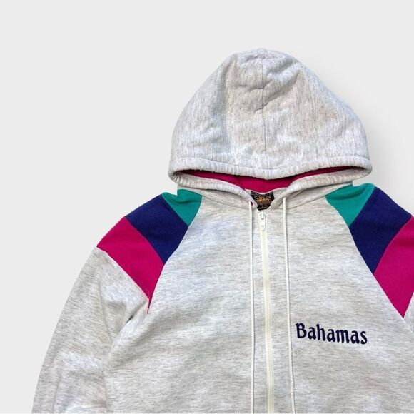 Vtg 80s Bahamas Color Block Hoodie Sweatshirt, USA S M, Talon Vacation Island - Picture 3 of 5